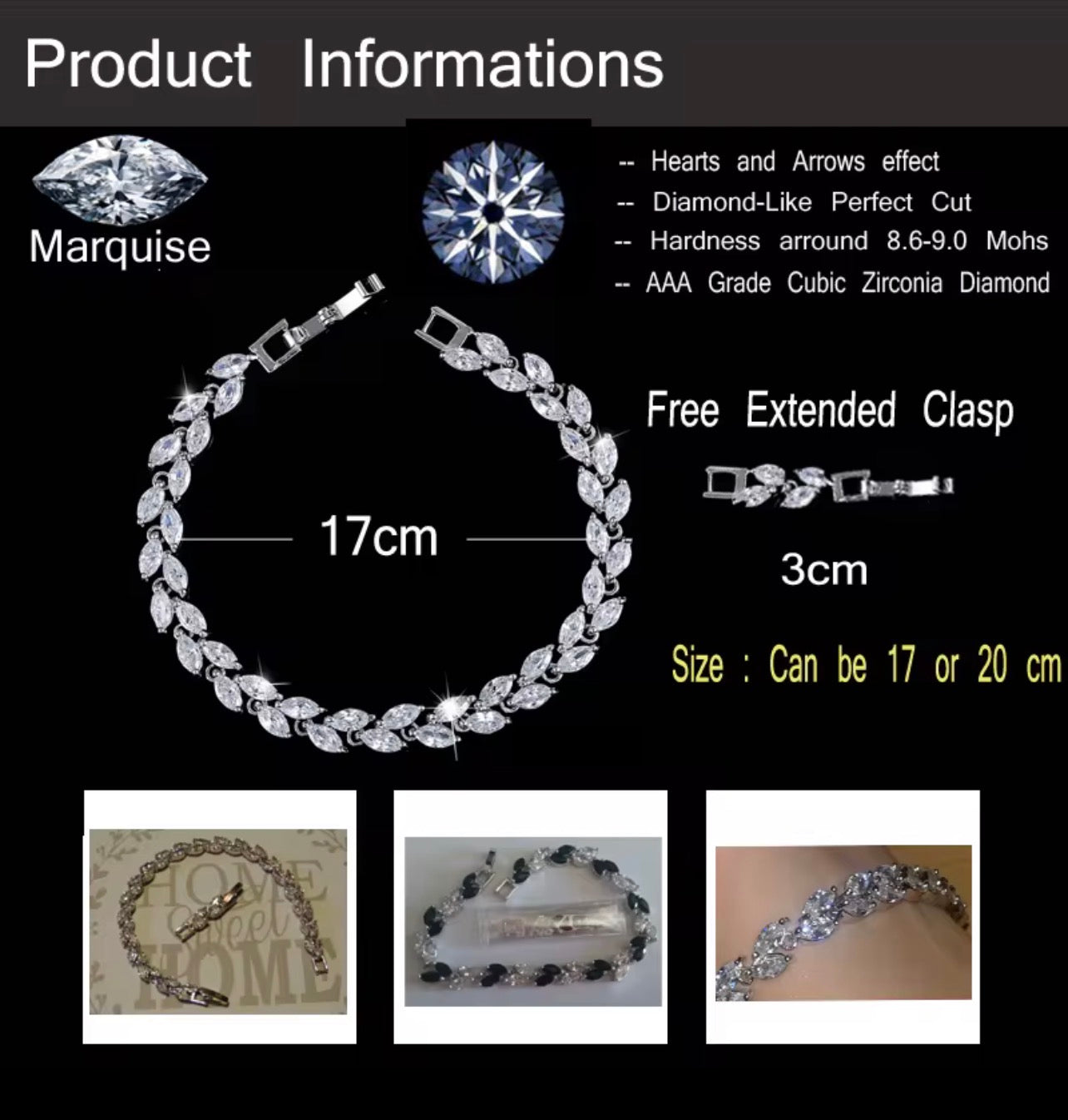 Leaf charm silver plated zircon bracelet (black)
