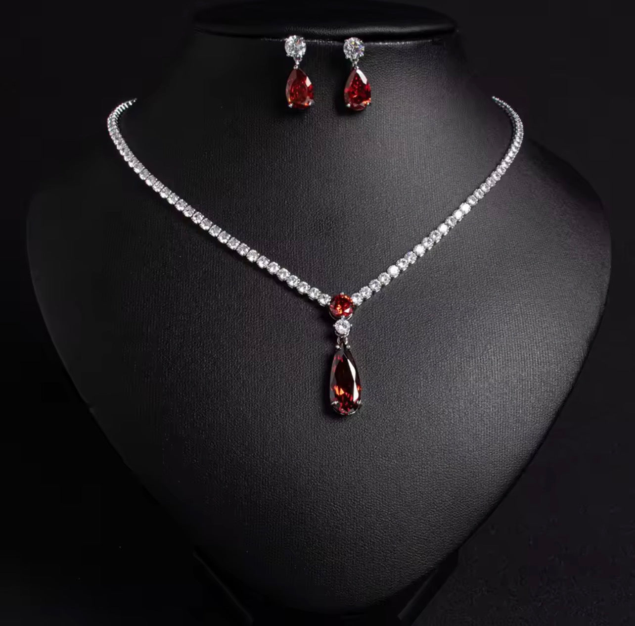 Water droplets silver plated plated necklace earring set ( red )