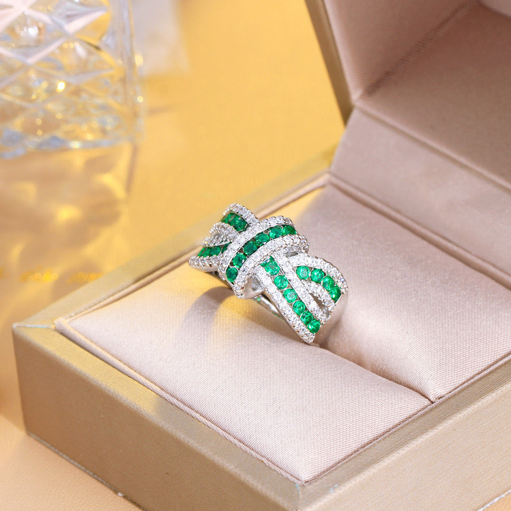 Emerald Ribbon Crossover Ring