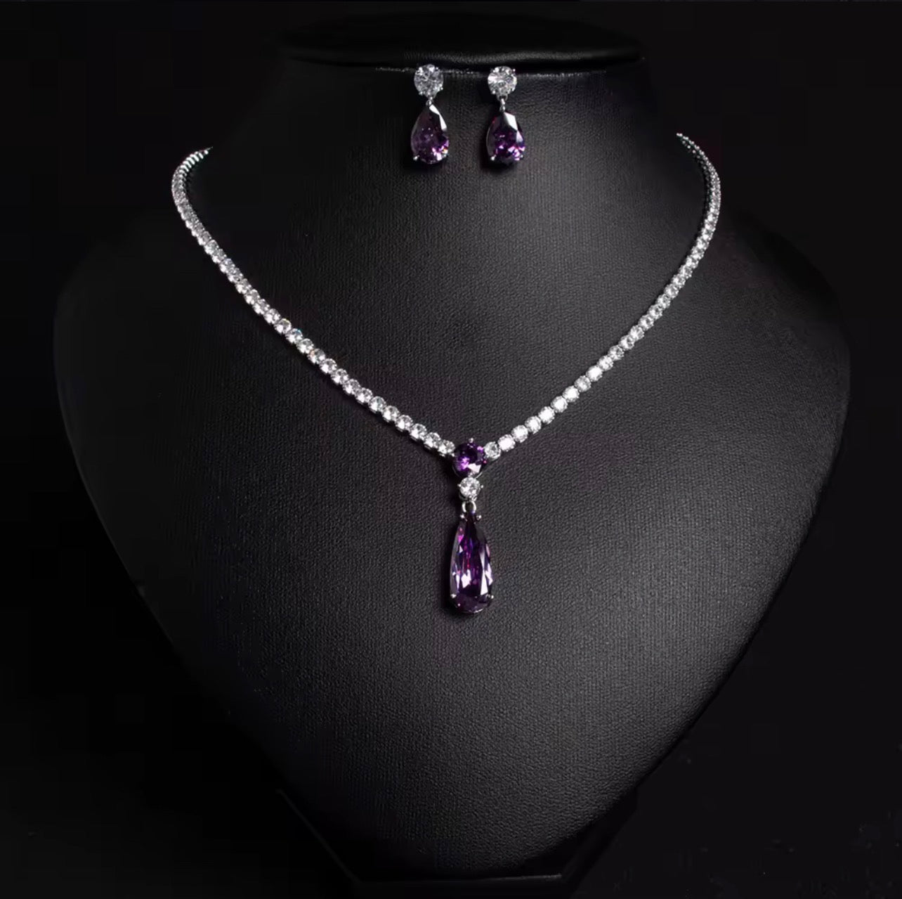 Water droplets silver plated plated necklace earring set ( purple)