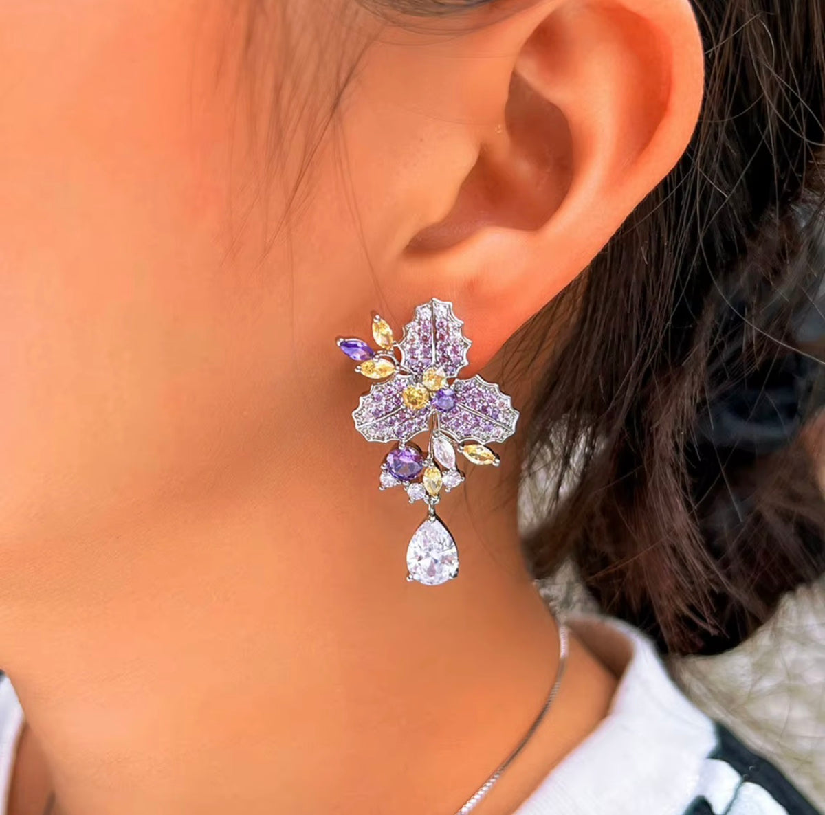 Violet & Canary Orchid Drop Earrings