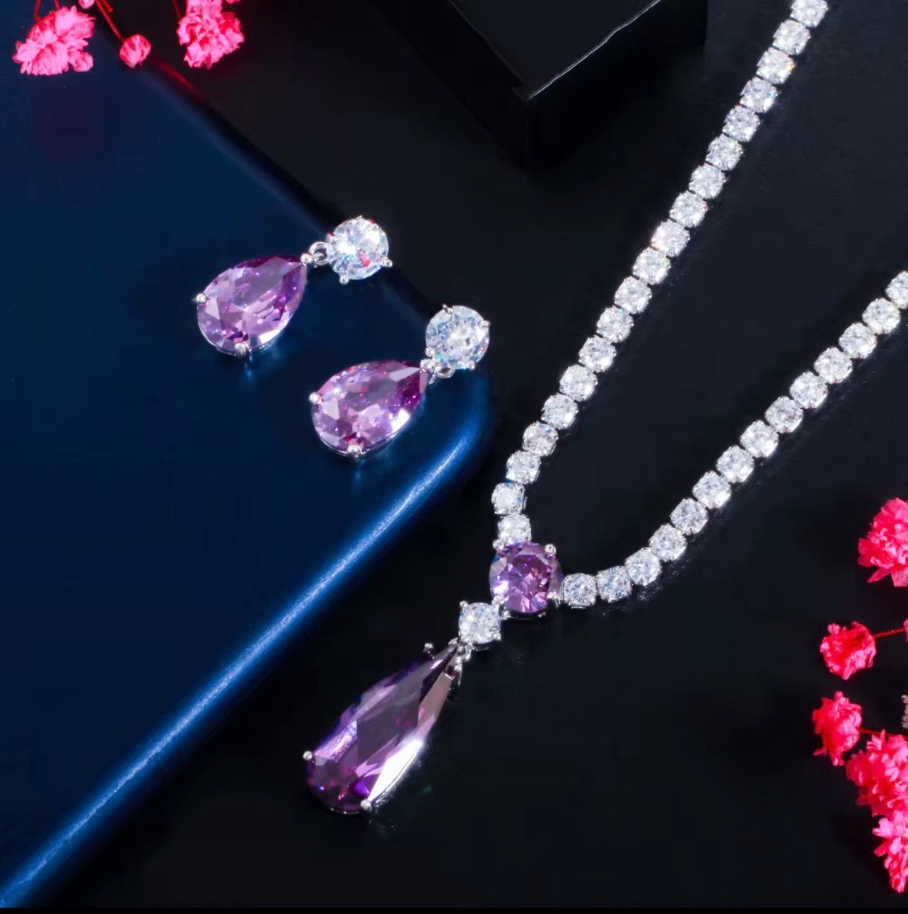 Water droplets silver plated plated necklace earring set ( purple)