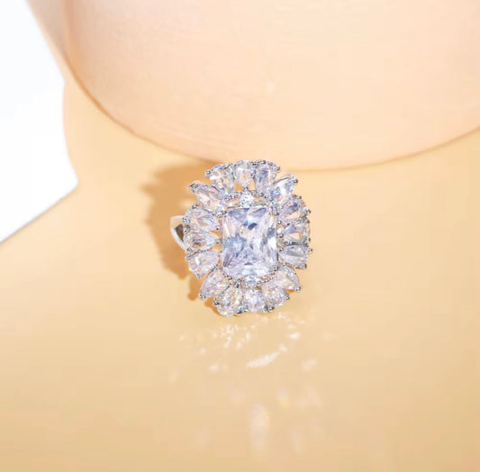 Copper Alloy Silver plated rhodium plated zircon ring