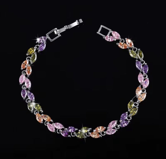 Leaf charm silver plated zircon bracelet (colorful)