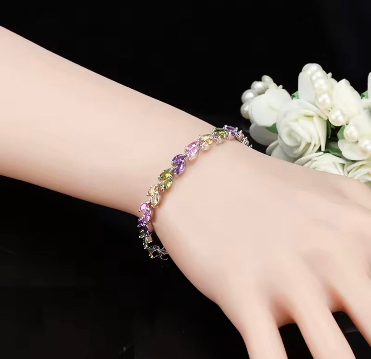 Leaf charm silver plated zircon bracelet (colorful)