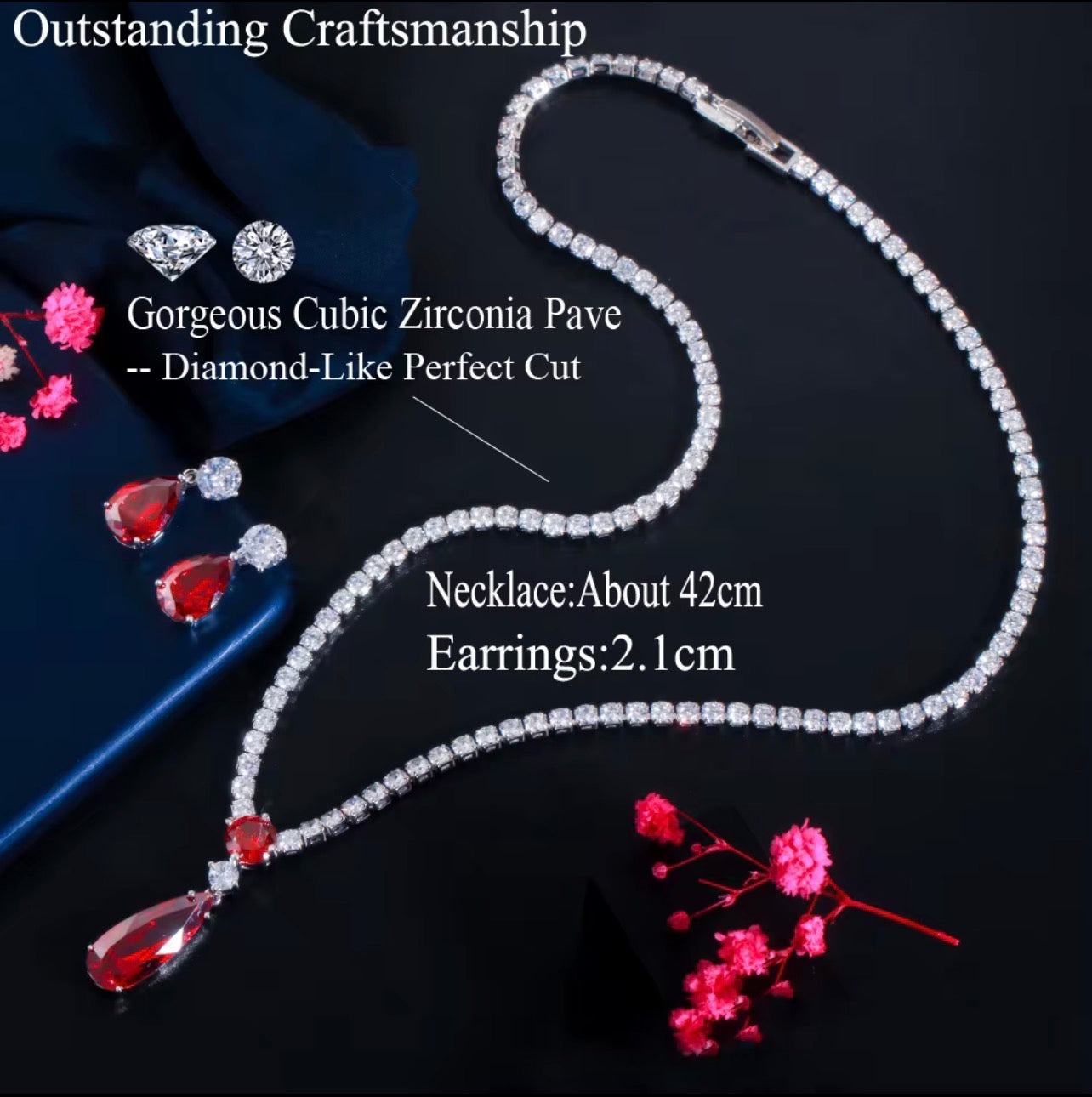 water droplets silver plated plated necklace earring set ( black)