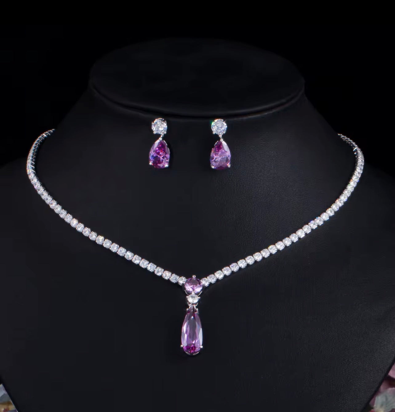 Water droplets silver plated plated necklace earring set ( purple)