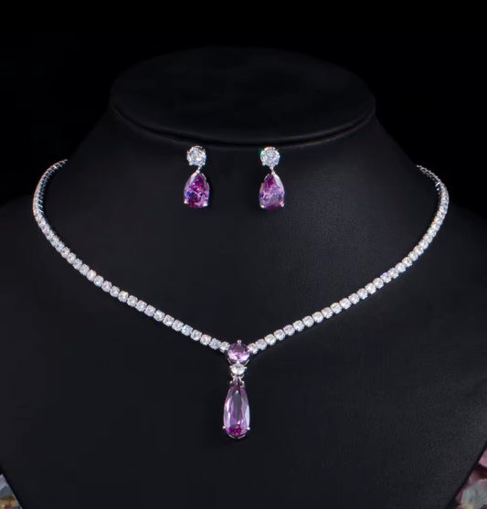 Water droplets silver plated plated necklace earring set ( purple)