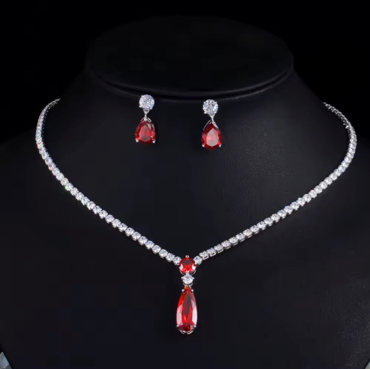 Water droplets silver plated plated necklace earring set ( red )