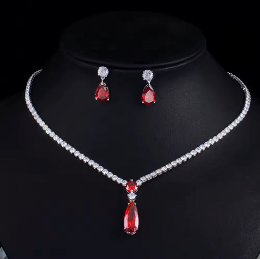 Water droplets silver plated plated necklace earring set ( red )