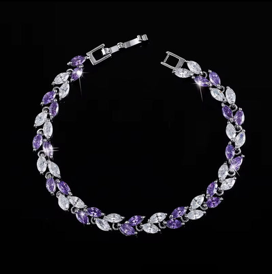 Leaf charm silver plated zircon bracelet (purple)