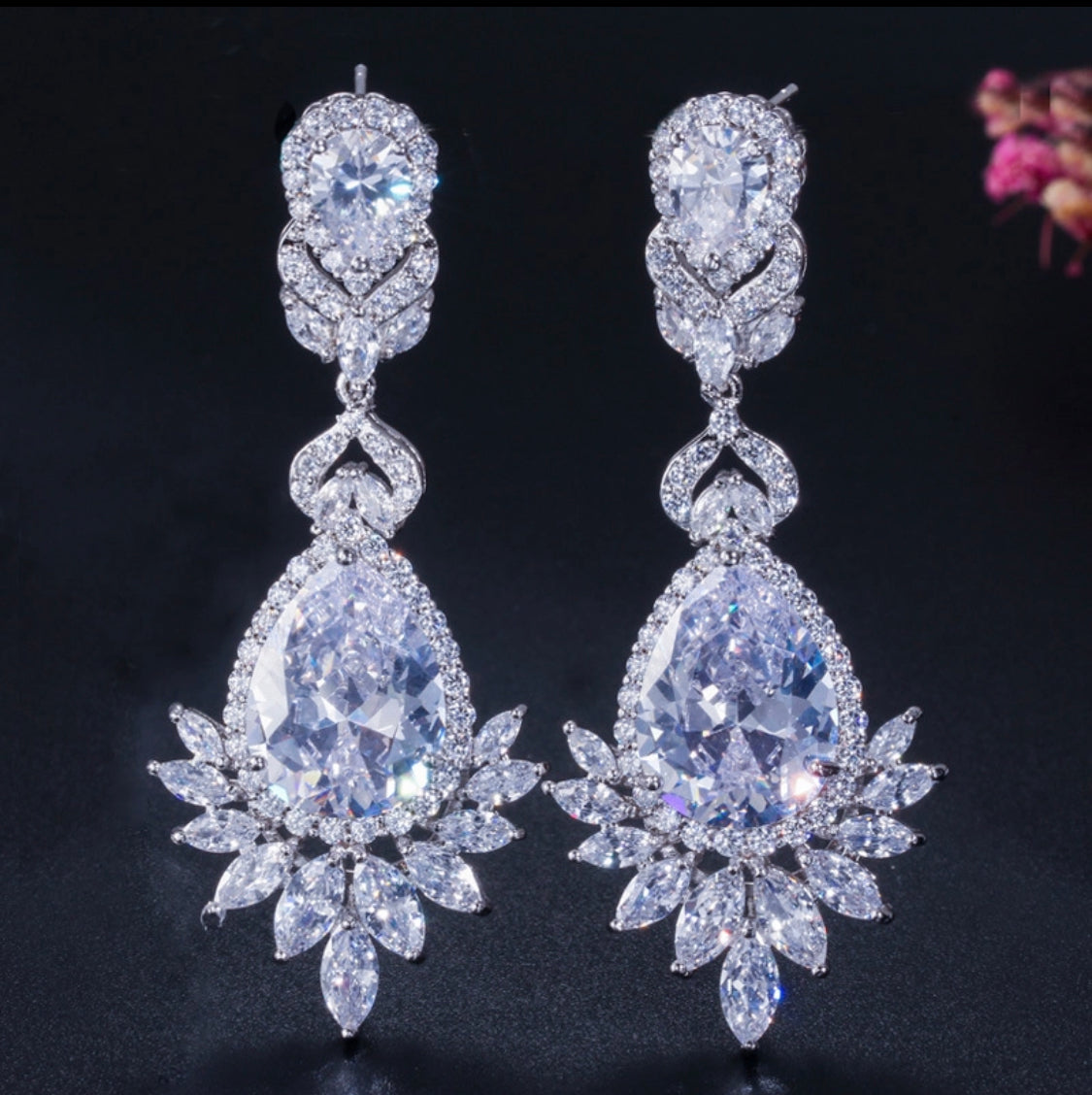 Copper zircon rhodium plated drop earrings