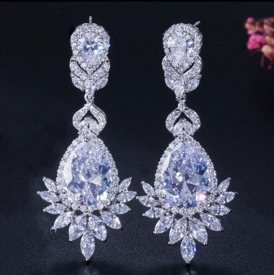 Copper zircon rhodium plated drop earrings