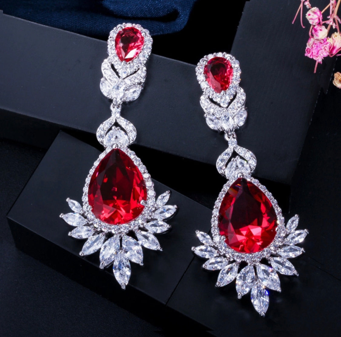 Copper zircon rhodium plated drop earrings