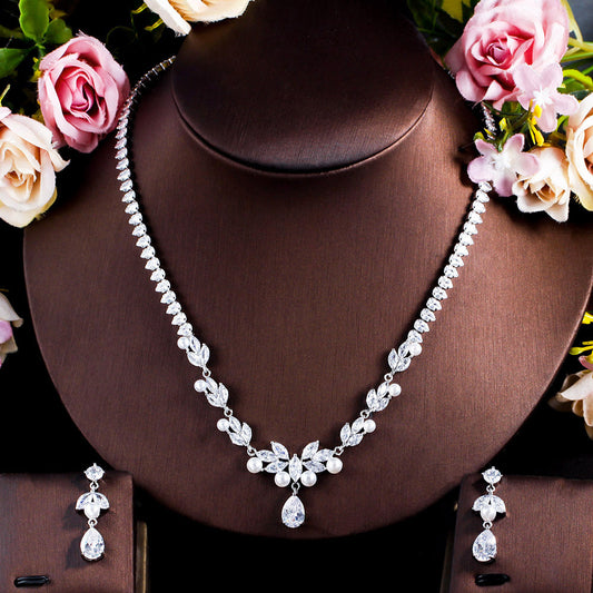Elegant rhodium plated white gold plated artificial gemstones zircon set